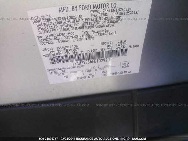 1FAHP2F86FG102920 - 2015 FORD TAURUS LIMITED SILVER photo 9