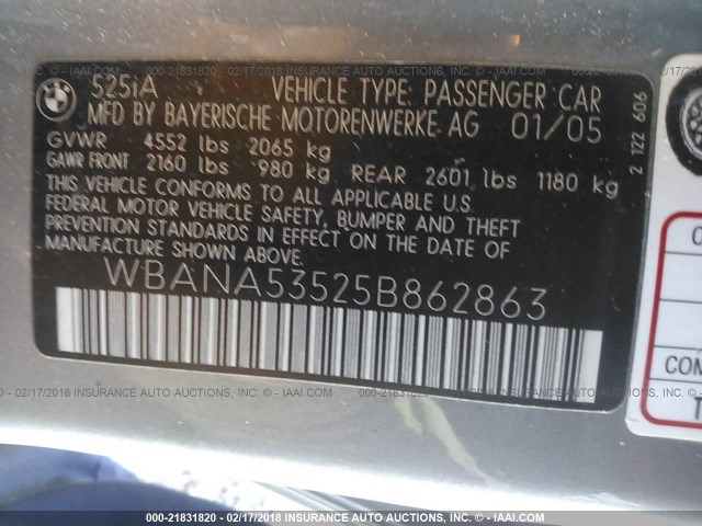 WBANA53525B862863 - 2005 BMW 525 I SILVER photo 9