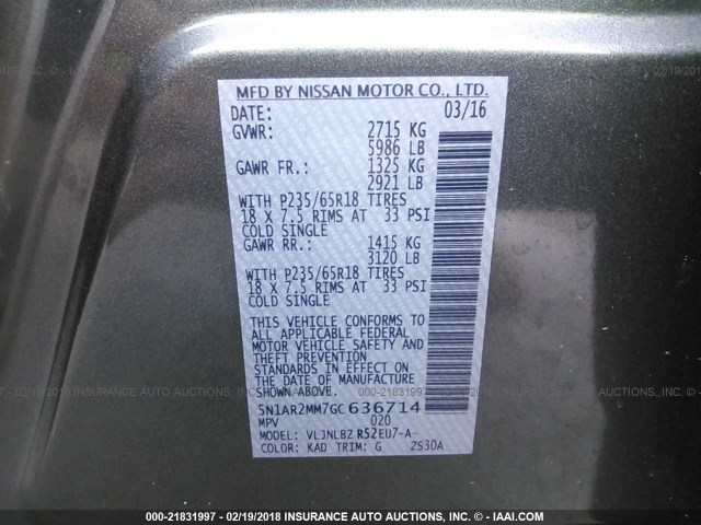 5N1AR2MM7GC636714 - 2016 NISSAN PATHFINDER S/SV/SL/PLATINUM 灰色 照片 9