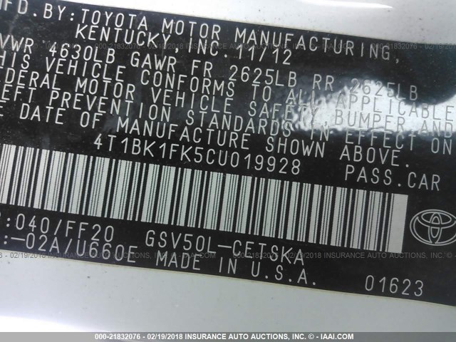 4T1BK1FK5CU019928 - 2012 TOYOTA CAMRY SE/XLE WHITE photo 9