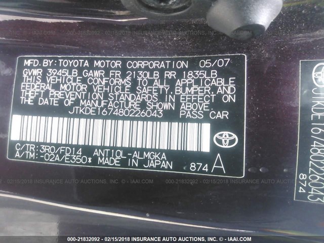 JTKDE167480226043 - 2008 TOYOTA SCION TC PURPLE photo 9