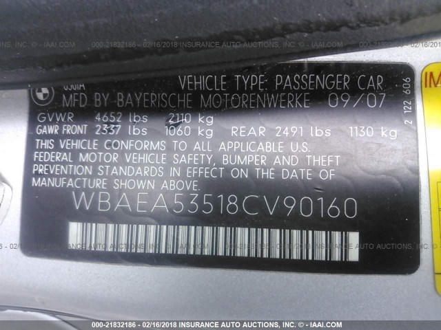 WBAEA53518CV90160 - 2008 BMW 650 I SILVER photo 9