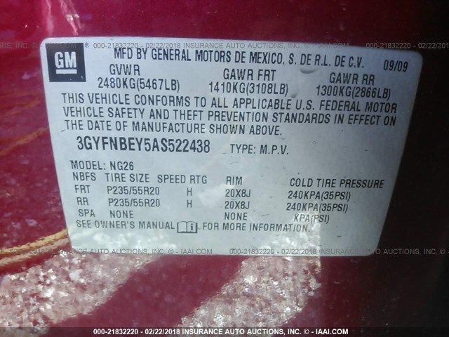 3GYFNBEY5AS522438 - 2010 CADILLAC SRX PERFORMANCE COLLECTION Қызыл фото 9