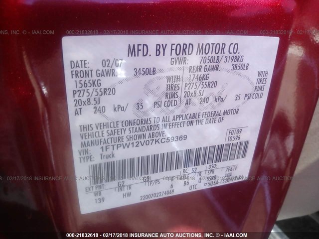 1FTPW12V07KC59369 - 2007 FORD F150 SUPERCREW RED photo 9