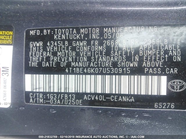 4T1BE46K07U530915 - 2007 TOYOTA CAMRY NEW GENERAT CE/LE/XLE/SE GRAY photo 9