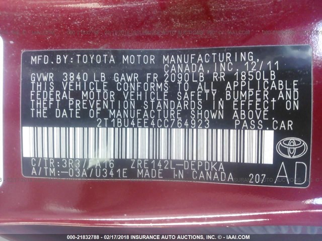 2T1BU4EE4CC764923 - 2012 TOYOTA COROLLA S/LE RED photo 9
