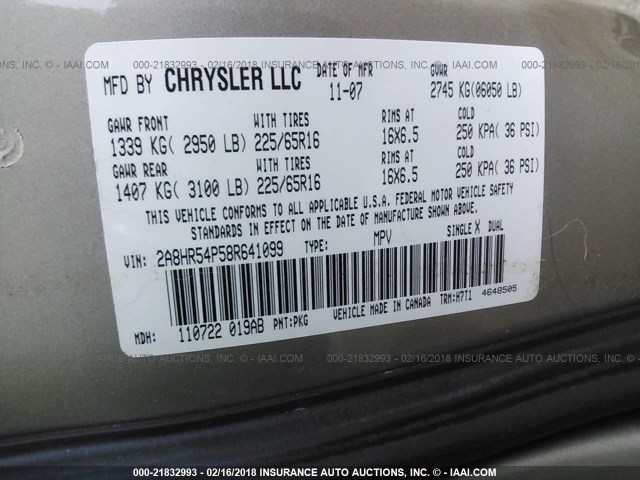 2A8HR54P58R641099 - 2008 CHRYSLER TOWN & COUNTRY TOURING TAN photo 9