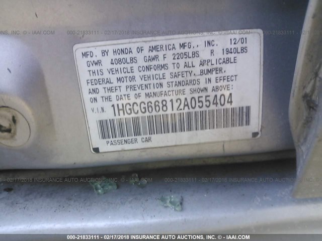 1HGCG66812A055404 - 2002 HONDA ACCORD EX/SE SILVER photo 9