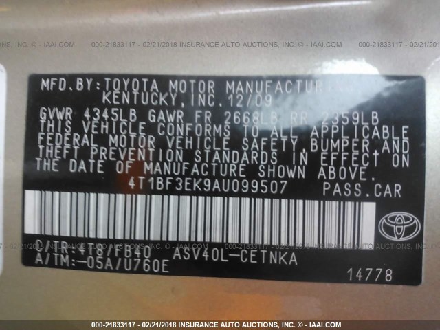 4T1BF3EK9AU099507 - 2010 TOYOTA CAMRY SE/LE/XLE 金色 照片 9