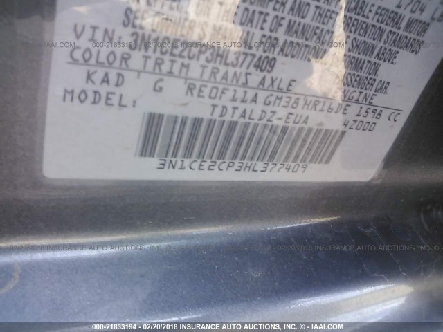 3N1CE2CP3HL377409 - 2017 NISSAN VERSA NOTE S/S PLUS/SV/SL/SR GRAY photo 9