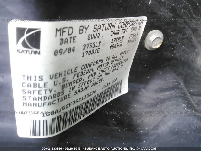 1G8AJ52F95Z112826 - 2005 SATURN ION LEVEL 2 GOLD photo 9