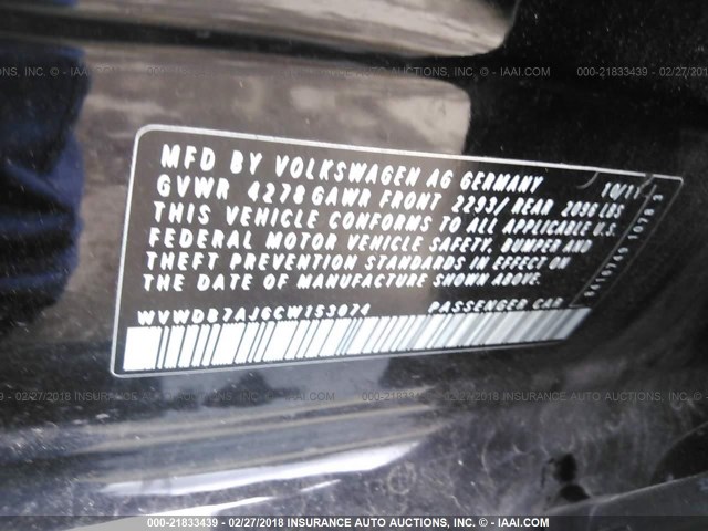 WVWDB7AJ6CW153074 - 2012 VOLKSWAGEN GOLF BLACK photo 9