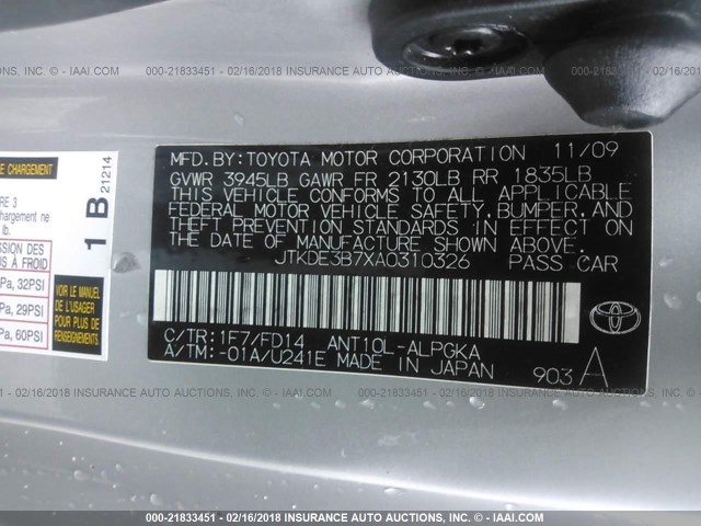 JTKDE3B7XA0310326 - 2010 TOYOTA SCION TC 银色 照片 9