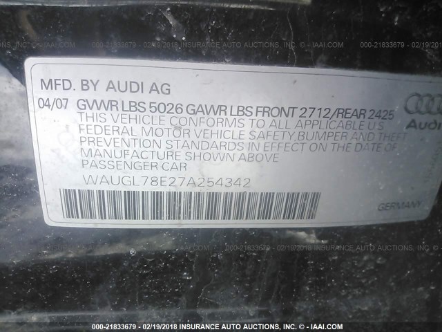 WAUGL78E27A254342 - 2007 AUDI NEW S4 QUATTRO BLACK photo 9