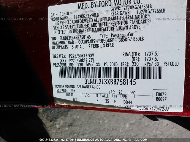 3LNDL2L3XBR758145 - 2011 LINCOLN MKZ HYBRID BURGUNDY photo 9