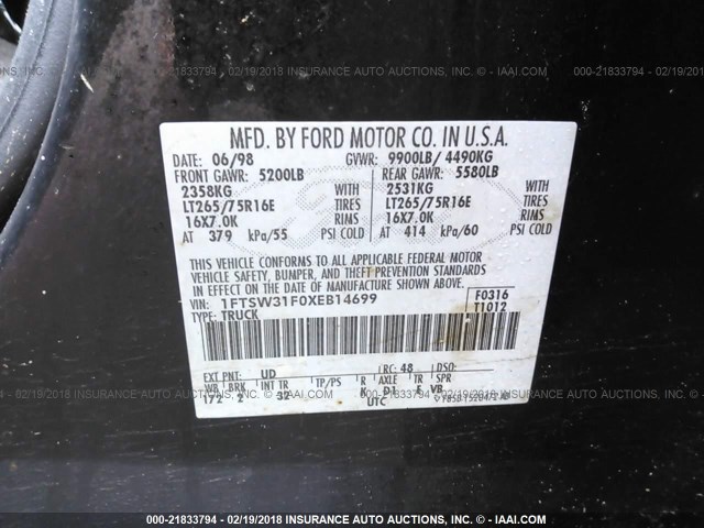 1FTSW31F0XEB14699 - 1999 FORD F350 SRW SUPER DUTY BLACK photo 9