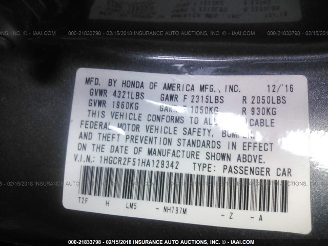1HGCR2F51HA129342 - 2017 HONDA ACCORD SPORT 灰色 照片 9