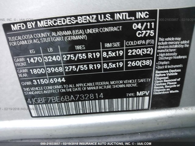 4JGBF7BE6BA732814 - 2011 MERCEDES-BENZ GL 450 4MATIC SILVER photo 9