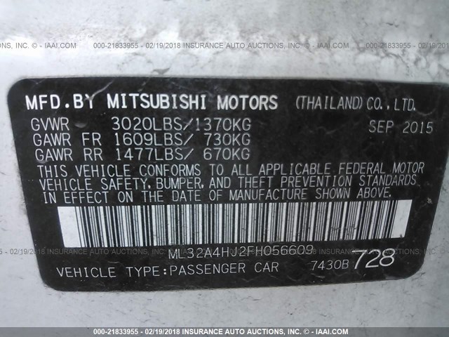 ML32A4HJ2FH056609 - 2015 MITSUBISHI MIRAGE ES WHITE photo 9