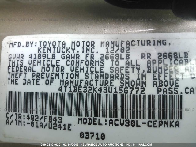 4T1BE32K43U156772 - 2003 TOYOTA CAMRY LE/XLE/SE ოქროსფერი ფოტო 9