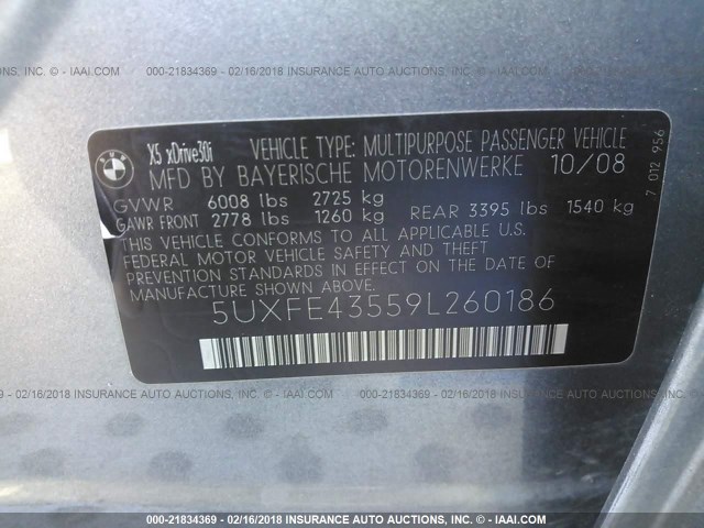 5UXFE43559L260186 - 2009 BMW X5 XDRIVE30I GRAY photo 9