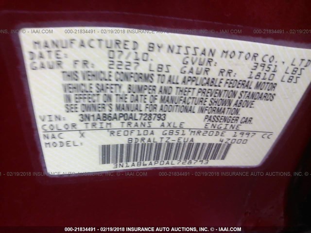 3N1AB6AP0AL728793 - 2010 NISSAN SENTRA 2.0/2.0S/SR/2.0SL RED photo 9