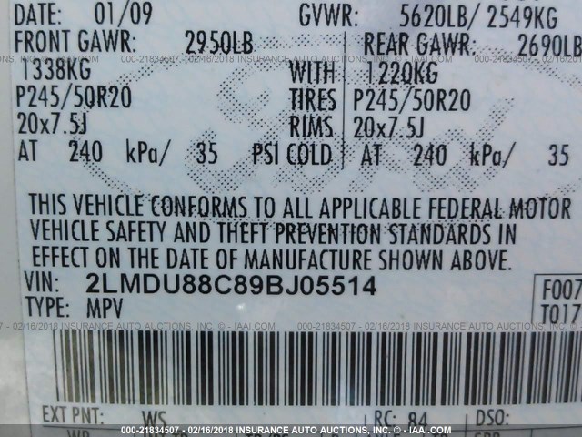 2LMDU88C89BJ05514 - 2009 LINCOLN MKX WHITE photo 9