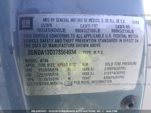 3GNDA13D37S564934 - 2007 CHEVROLET HHR LS TURQUOISE photo 9