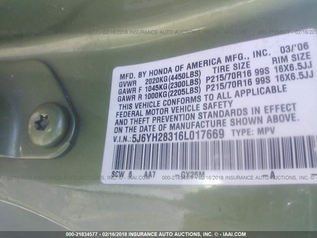 5J6YH28316L017669 - 2006 HONDA ELEMENT LX GREEN photo 9