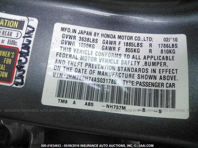 JHMZE2H74AS031780 - 2010 HONDA INSIGHT EX GRAY photo 9