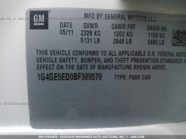 1G4GE5ED0BF389579 - 2011 BUICK LACROSSE CXS WHITE photo 9