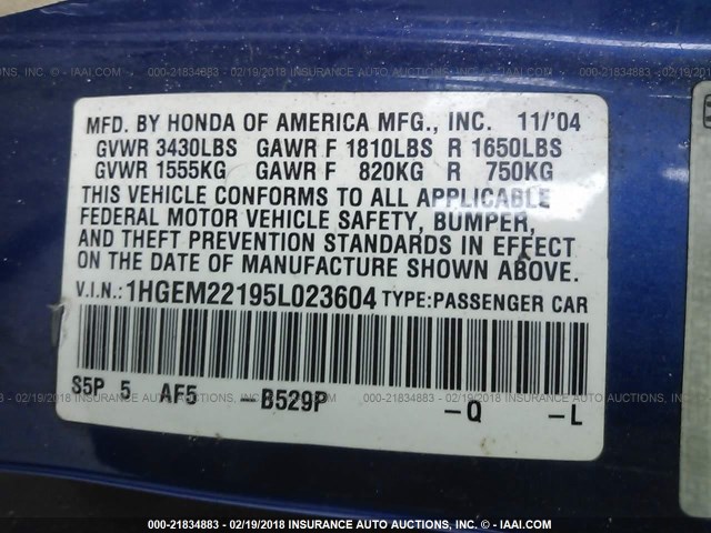 1HGEM22195L023604 - 2005 HONDA CIVIC DX VP Mavi foto 9