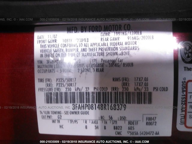 3FAHP08148R168379 - 2008 FORD FUSION SEL RED photo 9