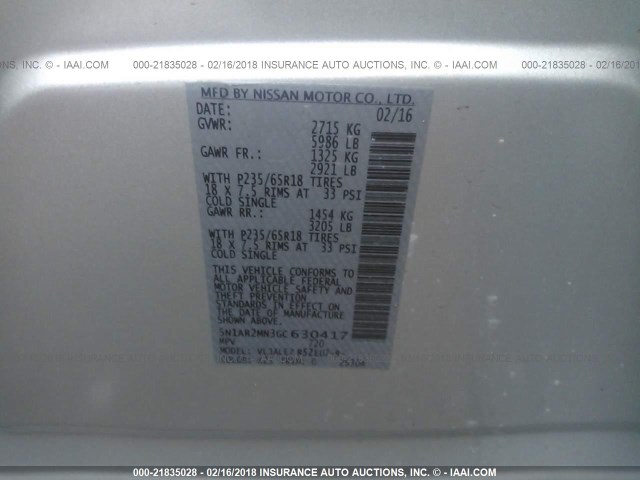 5N1AR2MN3GC630417 - 2016 NISSAN PATHFINDER S/SV/SL/PLATINUM 银色 照片 9