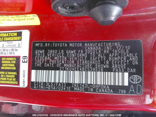 2T1KU4EE4BC539528 - 2011 TOYOTA COROLLA MATRIX  RED photo 9