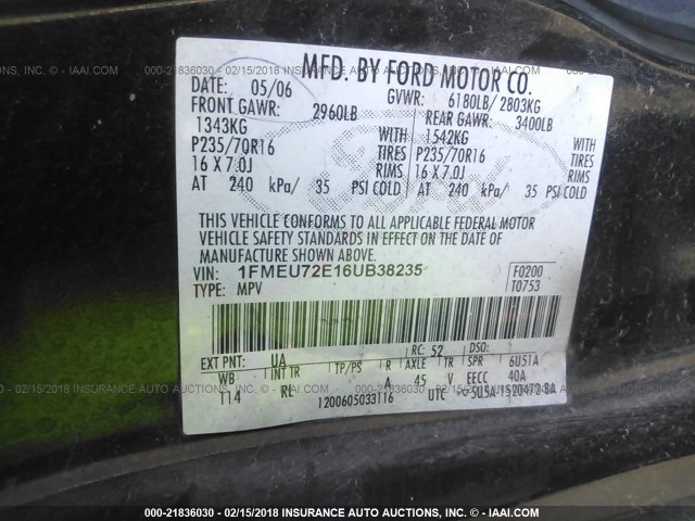 1FMEU72E16UB38235 - 2006 FORD EXPLORER XLS BLACK photo 9