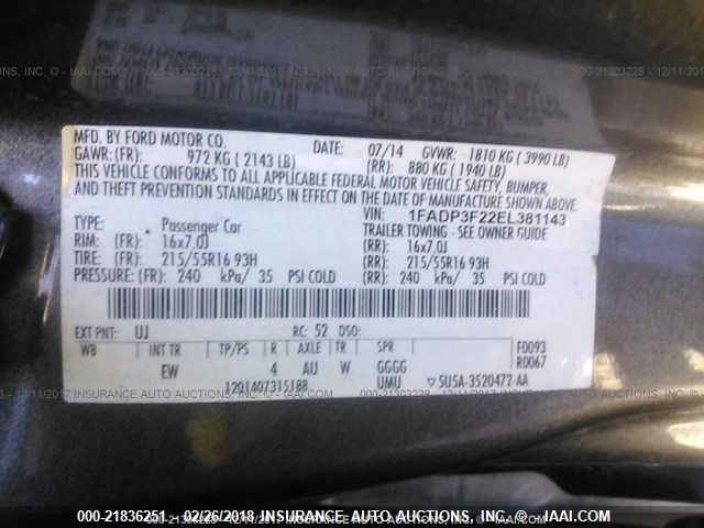 1FADP3F22EL381143 - 2014 FORD FOCUS SE GRAY photo 9