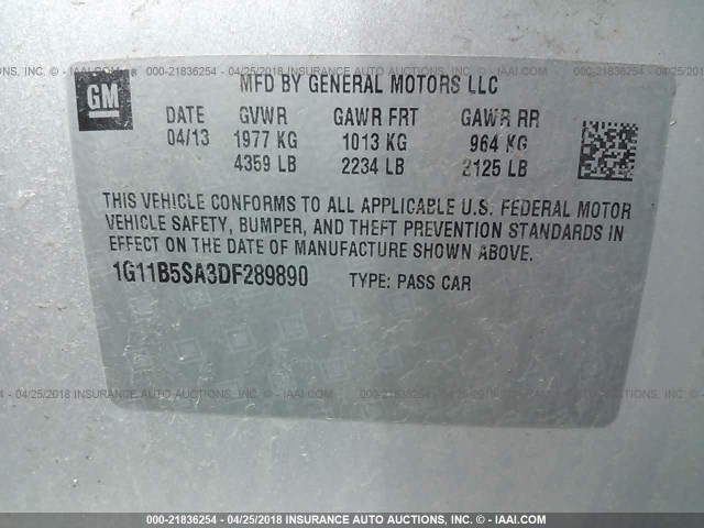 1G11B5SA3DF289890 - 2013 CHEVROLET MALIBU LS ვერცხლისფერი ფოტო 9