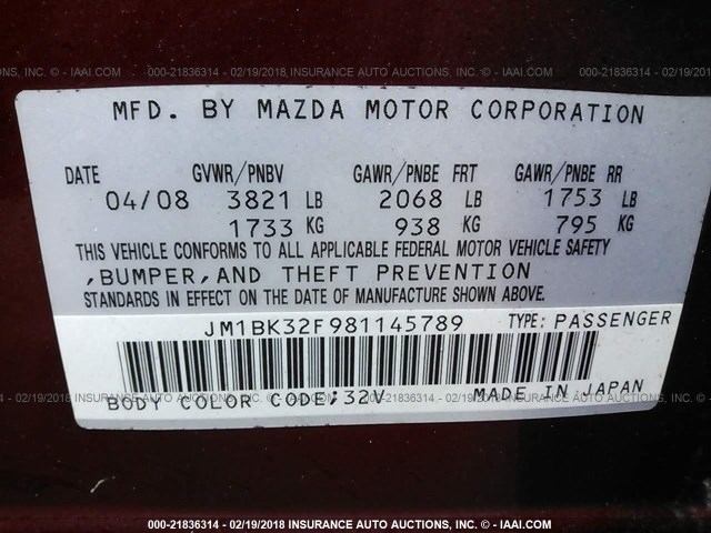 JM1BK32F981145789 - 2008 MAZDA 3 I MAROON photo 9