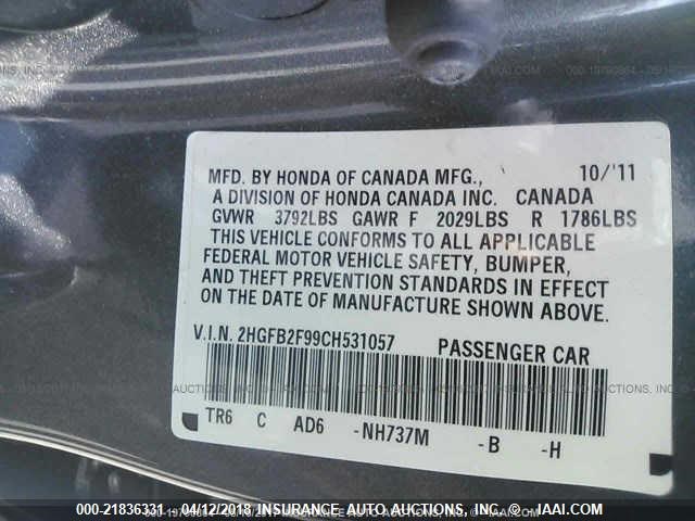 2HGFB2F99CH531057 - 2012 HONDA CIVIC EXL GRAY photo 9