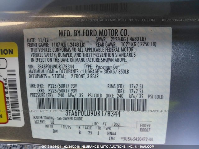 3FA6P0LU9DR178344 - 2013 FORD FUSION SE HYBRID GRAY photo 9