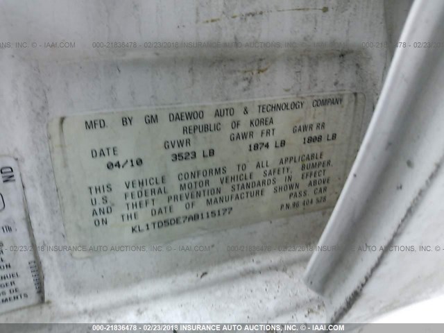 KL1TD5DE7AB115177 - 2010 CHEVROLET AVEO LS/LT 白色 照片 9