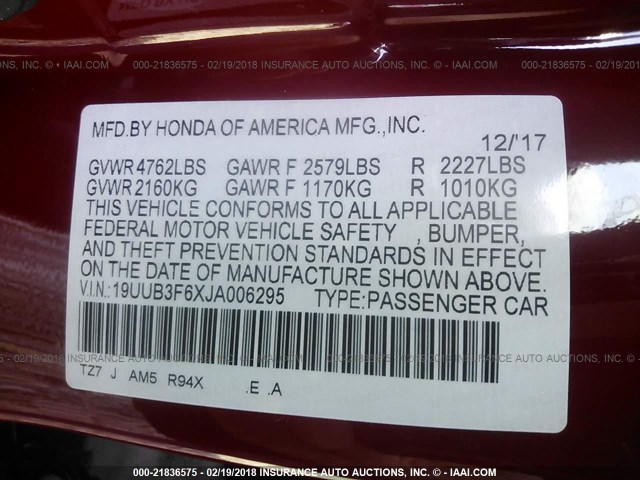19UUB3F6XJA006295 - 2018 ACURA TLX TECH+A/TCH+AR RED photo 9