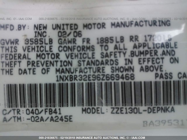 1NXBR32E96Z669468 - 2006 TOYOTA COROLLA CE/LE/S WHITE photo 9