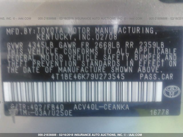 4T1BE46K79U273545 - 2009 TOYOTA CAMRY SE/LE/XLE Коричневый фото 9
