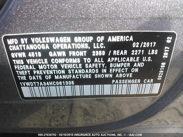 1VWDT7A34HC061305 - 2017 VOLKSWAGEN PASSAT R-LINE Boz foto 9