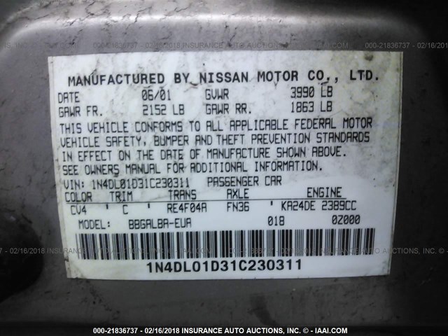 1N4DL01D31C230311 - 2001 NISSAN ALTIMA XE/GXE/SE GOLD photo 9