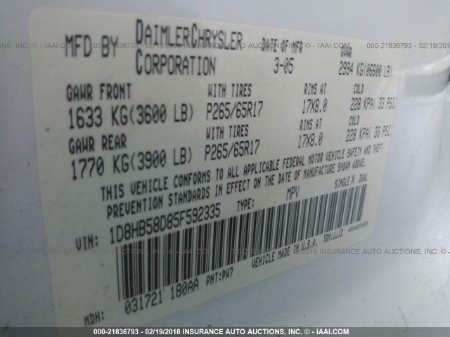 1D8HB58D85F592335 - 2005 DODGE DURANGO LIMITED WHITE photo 9