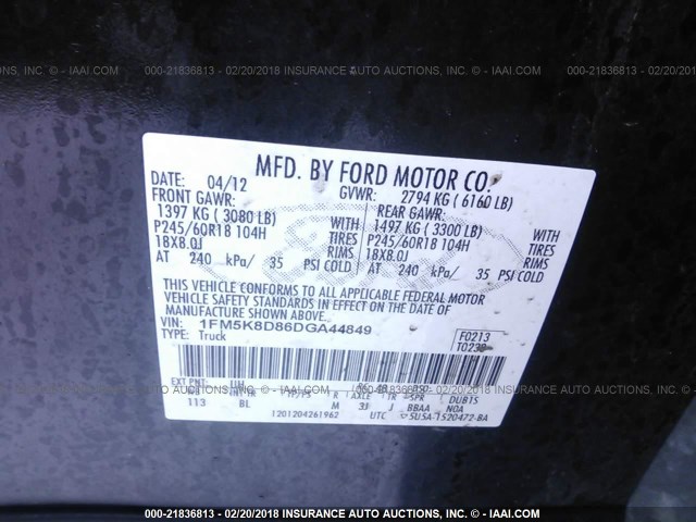 1FM5K8D86DGA44849 - 2013 FORD EXPLORER XLT BLACK photo 9