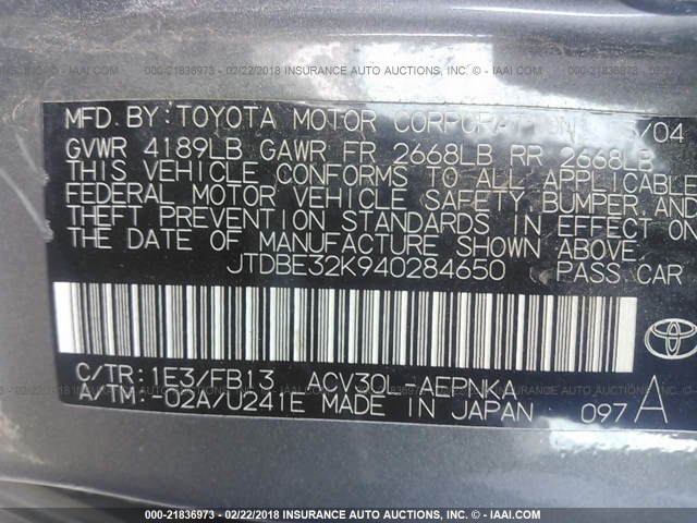 JTDBE32K940284650 - 2004 TOYOTA CAMRY LE/XLE GRAY photo 9